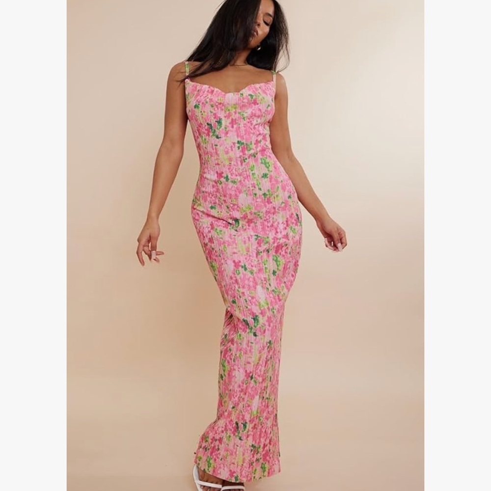 Floral pleated silk maxi dress